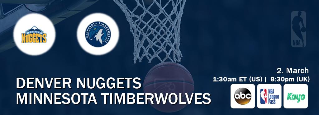 You can watch game live between Denver Nuggets and Minnesota Timberwolves on ABC(US), NBA League Pass, Kayo Sports(AU). You can watch game live between Denver Nuggets and Minnesota Timberwolves on ABC(US), NBA League Pass, Kayo Sports(AU).
