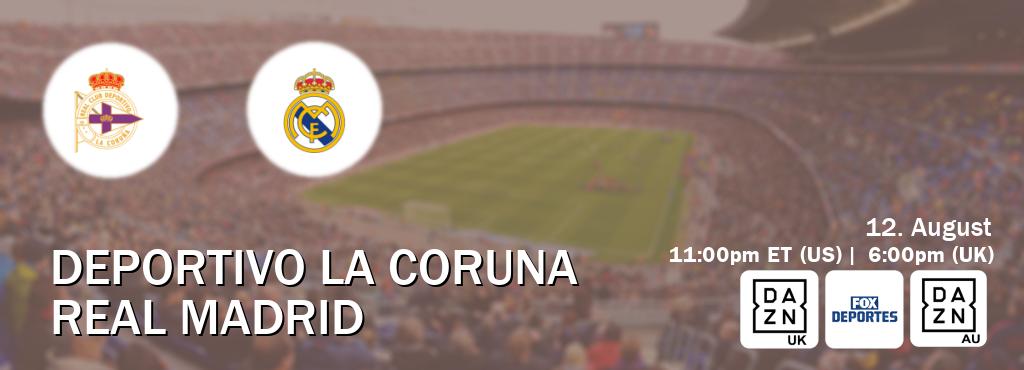 You can watch game live between Deportivo La Coruna and Real Madrid on DAZN UK(UK), Fox Deportes(US), DAZN(AU). You can watch game live between Deportivo La Coruna and Real Madrid on DAZN UK(UK), Fox Deportes(US), DAZN(AU).