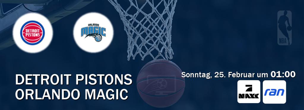 Das Spiel zwischen Detroit Pistons und Orlando Magic wird am Sonntag, 25. Februar um  01:00, live vom ProSieben MAXX und RAN.de übertragen.