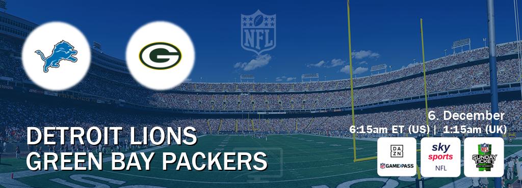 You can watch game live between Detroit Lions and Green Bay Packers on DAZN NFL Game Pass, Sky Sports NFL(UK), NFL Sunday Ticket(US).