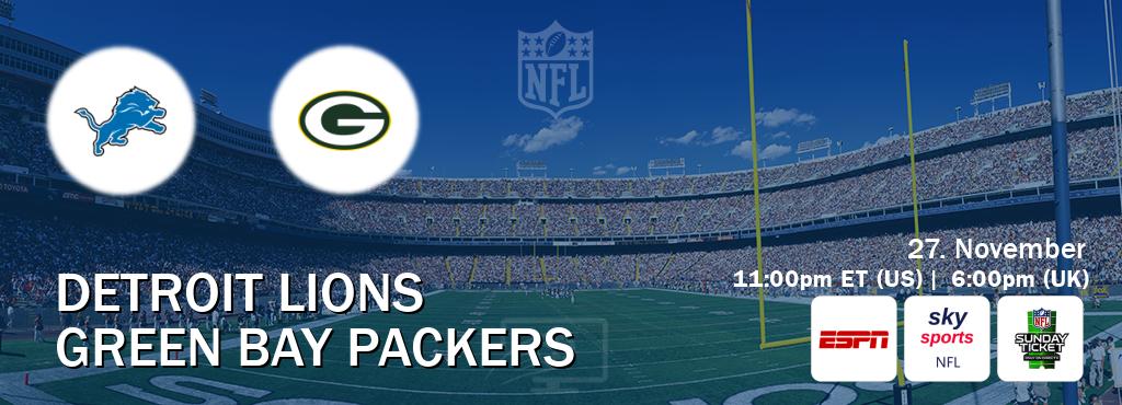 You can watch game live between Detroit Lions and Green Bay Packers on ESPN(AU), Sky Sports NFL(UK), NFL Sunday Ticket(US). You can watch game live between Detroit Lions and Green Bay Packers on ESPN(AU), Sky Sports NFL(UK), NFL Sunday Ticket(US).