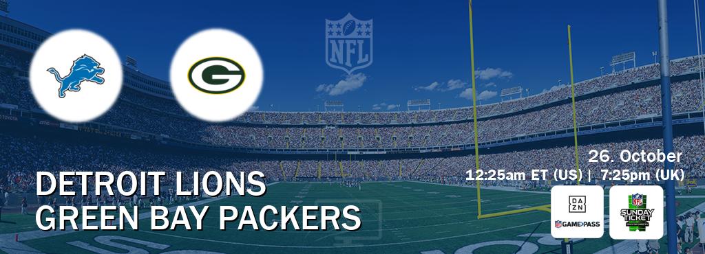 You can watch game live between Detroit Lions and Green Bay Packers on DAZN NFL Game Pass and NFL Sunday Ticket(US).