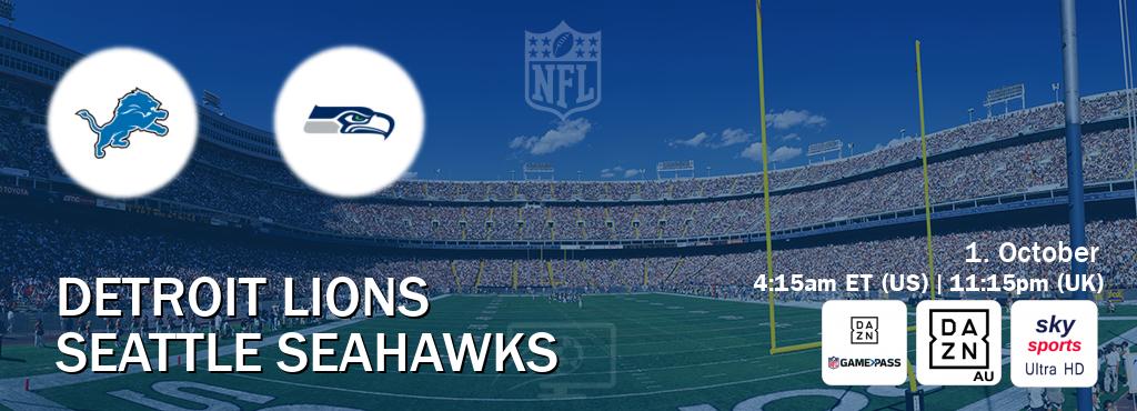 You can watch game live between Detroit Lions and Seattle Seahawks on DAZN NFL Game Pass, DAZN(AU), Sky Sports Ultra HD(UK).