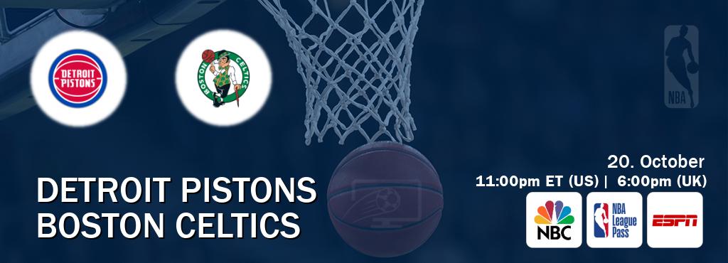 You can watch game live between Detroit Pistons and Boston Celtics on NBC(US), NBA League Pass, ESPN(AU).