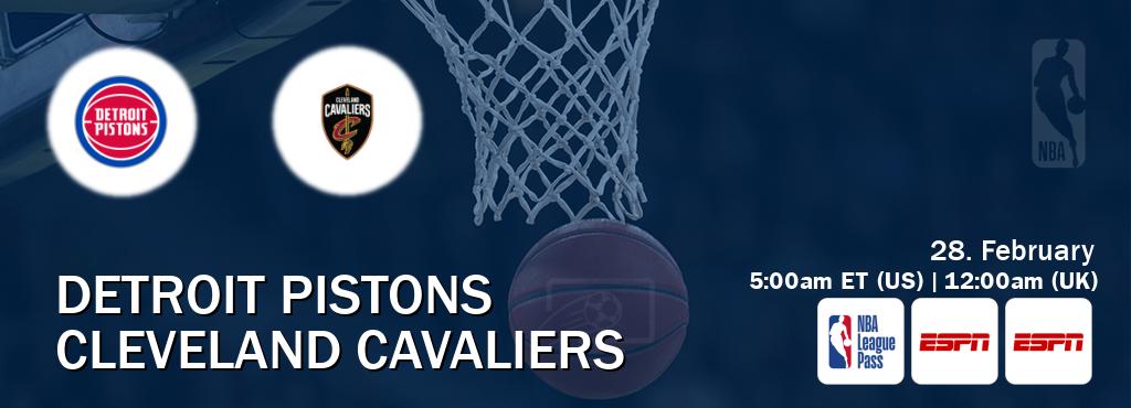You can watch game live between Detroit Pistons and Cleveland Cavaliers on NBA League Pass, ESPN(AU), ESPN(US).