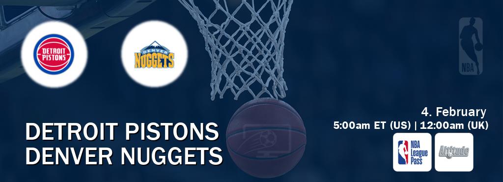 You can watch game live between Detroit Pistons and Denver Nuggets on NBA League Pass and Altitude(US). You can watch game live between Detroit Pistons and Denver Nuggets on NBA League Pass and Altitude(US).