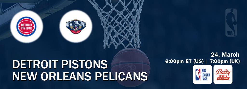 You can watch game live between Detroit Pistons and New Orleans Pelicans on NBA League Pass and Bally Sports New Orleans(US).