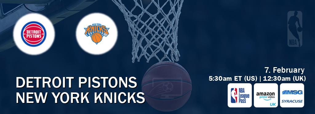 You can watch game live between Detroit Pistons and New York Knicks on NBA League Pass, Amazon Prime Video UK(UK), MSG Syracuse(US). You can watch game live between Detroit Pistons and New York Knicks on NBA League Pass, Amazon Prime Video UK(UK), MSG Syracuse(US).