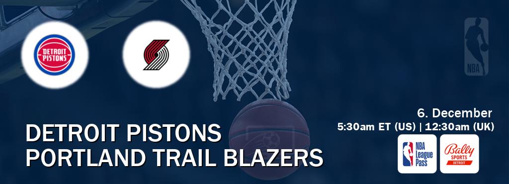 You can watch game live between Detroit Pistons and Portland Trail Blazers on NBA League Pass and Bally Sports Detroit(US).