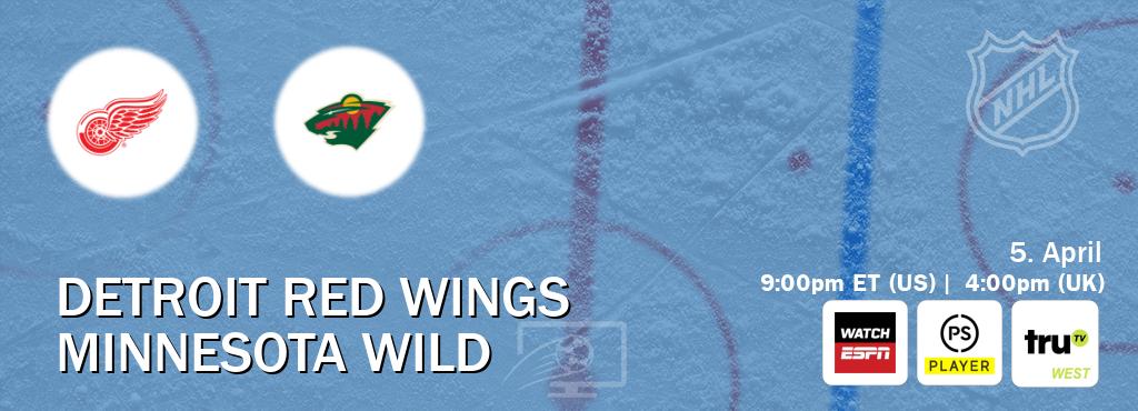 You can watch game live between Detroit Red Wings and Minnesota Wild on WatchESPN(AU), Premier Player(UK), truTV West(US). You can watch game live between Detroit Red Wings and Minnesota Wild on WatchESPN(AU), Premier Player(UK), truTV West(US).