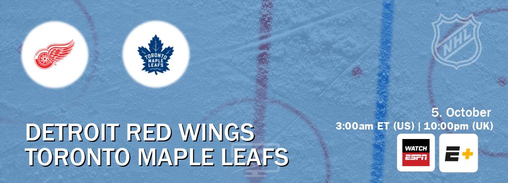 You can watch game live between Detroit Red Wings and Toronto Maple Leafs on WatchESPN(AU) and ESPN+(US). You can watch game live between Detroit Red Wings and Toronto Maple Leafs on WatchESPN(AU) and ESPN+(US).