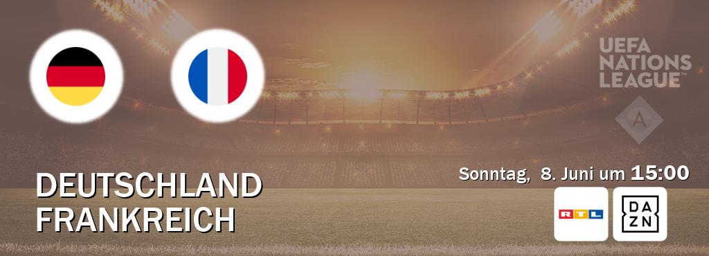 Das Spiel zwischen Deutschland und Frankreich wird am Sonntag, 8. Juni um 15:00, live vom RTL und DAZN übertragen. Das Spiel zwischen Deutschland und Frankreich wird am Sonntag, 8. Juni um 15:00, live vom RTL und DAZN übertragen.