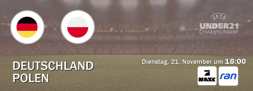 Das Spiel zwischen Deutschland U21 und Polen U21 wird am Dienstag, 21. November um  18:00, live vom ProSieben MAXX und RAN.de übertragen.