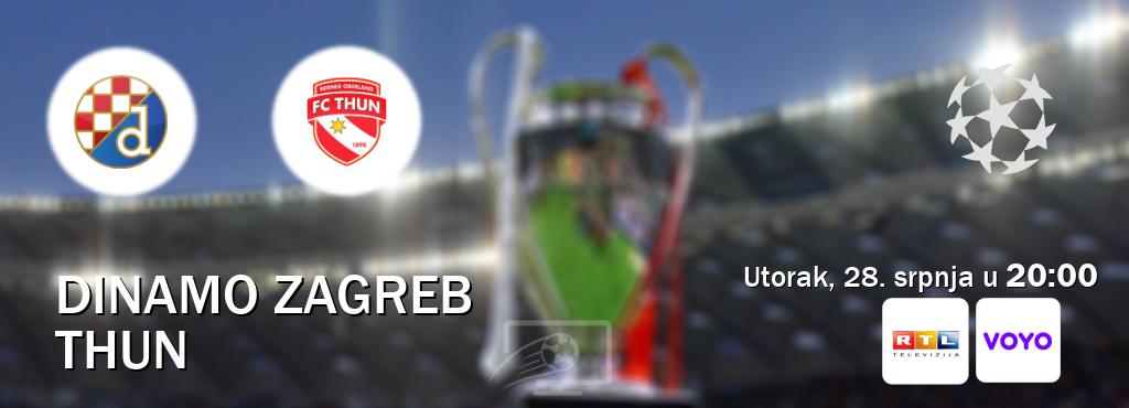 Izravni prijenos utakmice Dinamo Zagreb i Thun pratite uživo na RTL i Voyo (utorak, 28. srpnja u 20:00). Izravni prijenos utakmice Dinamo Zagreb i Thun pratite uživo na RTL i Voyo (utorak, 28. srpnja u 20:00).