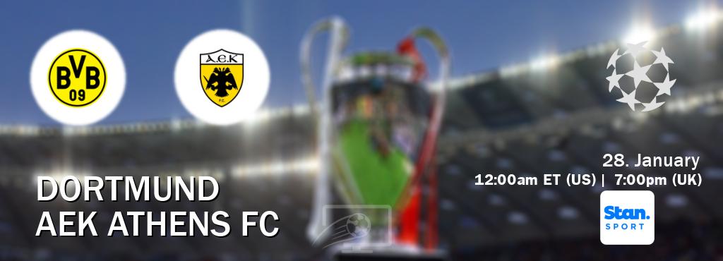 You can watch game live between Dortmund and AEK Athens FC on Stan Sport(AU). You can watch game live between Dortmund and AEK Athens FC on Stan Sport(AU).