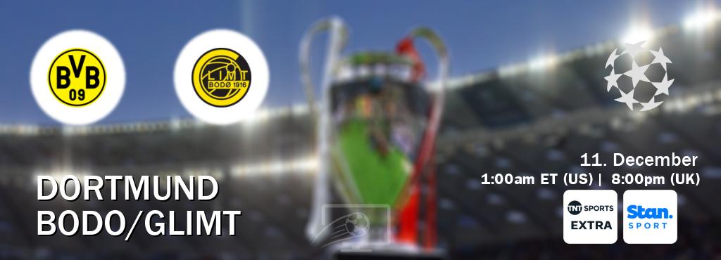 You can watch game live between Dortmund and Bodo/Glimt on TNT Sports Extra(UK) and Stan Sport(AU). You can watch game live between Dortmund and Bodo/Glimt on TNT Sports Extra(UK) and Stan Sport(AU).