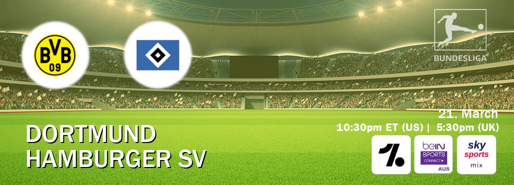 You can watch game live between Dortmund and Hamburger SV on OneFootball, beIN Sports Connect(AU), Sky Sports Mix(UK). You can watch game live between Dortmund and Hamburger SV on OneFootball, beIN Sports Connect(AU), Sky Sports Mix(UK).