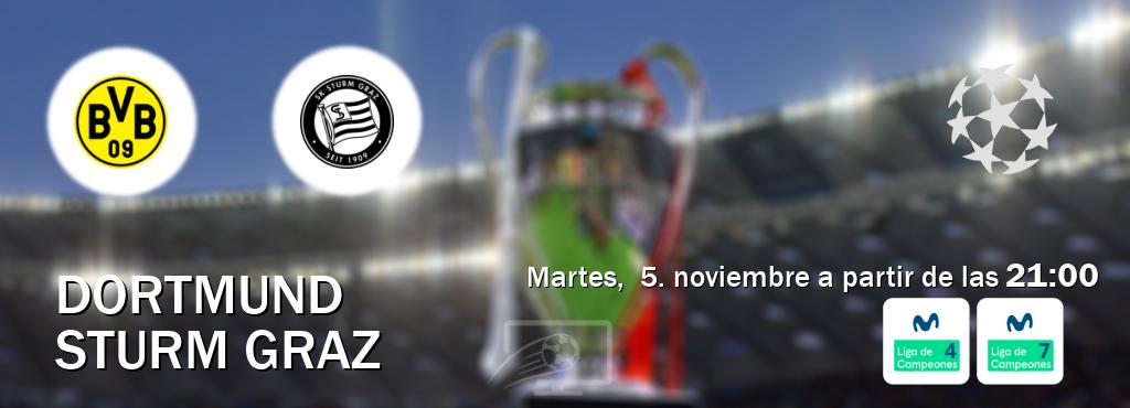 El partido entre Dortmund y Sturm Graz será retransmitido por Movistar Liga de Campeones 4 y Movistar Liga de Campeones 7 (martes,  5. noviembre a partir de las  21:00).