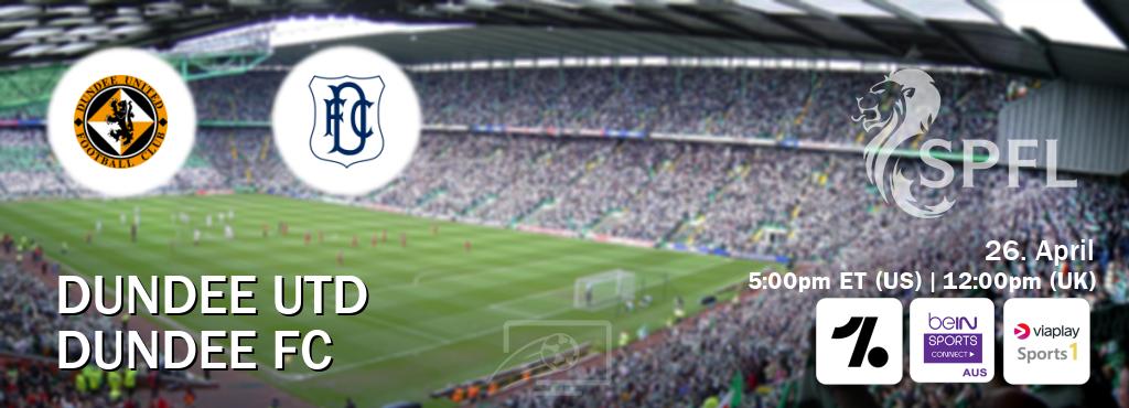 You can watch game live between Dundee Utd and Dundee FC on OneFootball, beIN Sports Connect(AU), Viaplay Sports 1(UK).