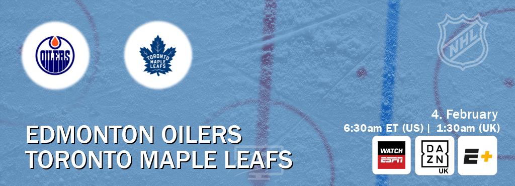 You can watch game live between Edmonton Oilers and Toronto Maple Leafs on WatchESPN(AU), DAZN UK(UK), ESPN+(US). You can watch game live between Edmonton Oilers and Toronto Maple Leafs on WatchESPN(AU), DAZN UK(UK), ESPN+(US).