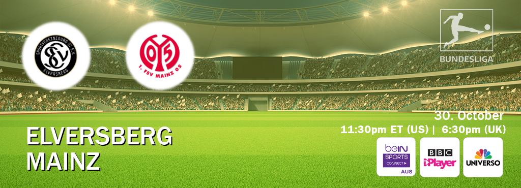 You can watch game live between Elversberg and Mainz on beIN Sports Connect(AU), BBC iPlayer(UK), UNIVERSO(US). You can watch game live between Elversberg and Mainz on beIN Sports Connect(AU), BBC iPlayer(UK), UNIVERSO(US).