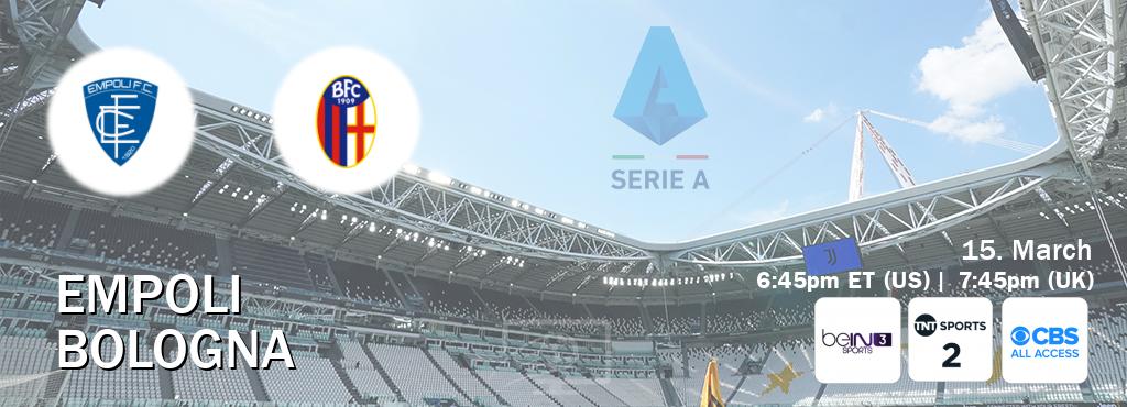 You can watch game live between Empoli and Bologna on beIN SPORTS 3(AU), TNT Sports 2(UK), CBS All Access(US).