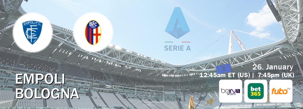 You can watch game live between Empoli and Bologna on beIN SPORTS 1(AU), bet365(UK), fuboTV(US).