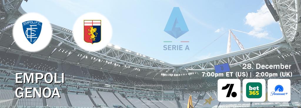 You can watch game live between Empoli and Genoa on OneFootball, bet365(UK), Paramount+(US).