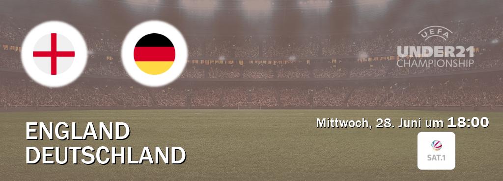 Das Spiel zwischen England U21 und Deutschland U21 wird am Mittwoch, 28. Juni um  18:00, live vom SAT.1 übertragen.