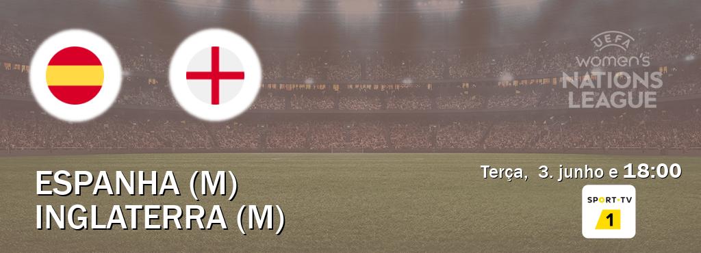Jogo entre Espanha (M) e Inglaterra (M) tem emissão Sport TV 1 (terça, 3. junho e 18:00). Jogo entre Espanha (M) e Inglaterra (M) tem emissão Sport TV 1 (terça, 3. junho e 18:00).