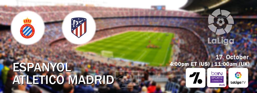 You can watch game live between Espanyol and Atletico Madrid on OneFootball, beIN Sports Connect(AU), LaLiga TV(UK).