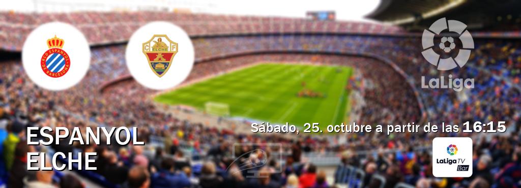 El partido entre Espanyol y Elche será retransmitido por LaLigaTV Bar (sábado, 25. octubre a partir de las 16:15). El partido entre Espanyol y Elche será retransmitido por LaLigaTV Bar (sábado, 25. octubre a partir de las 16:15).