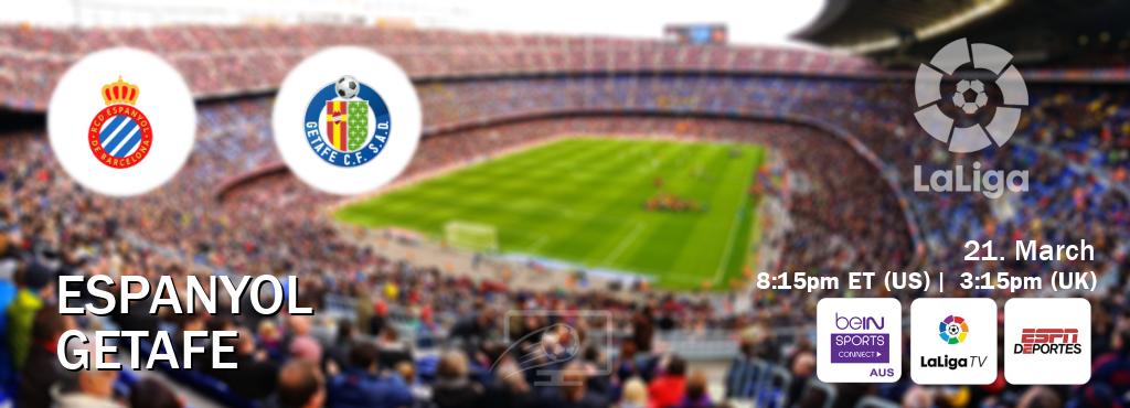 You can watch game live between Espanyol and Getafe on beIN Sports Connect(AU), LaLiga TV(UK), ESPN Deportes(US).