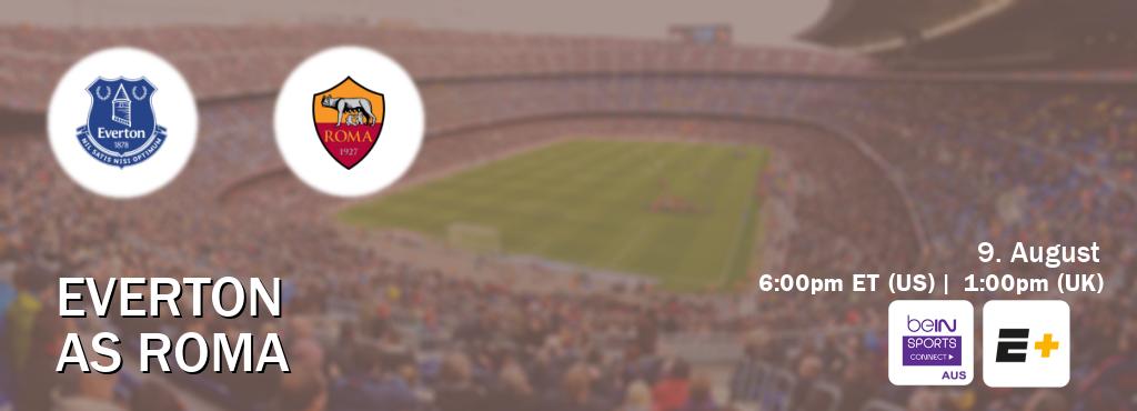 You can watch game live between Everton and AS Roma on beIN Sports Connect(AU) and ESPN+(US). You can watch game live between Everton and AS Roma on beIN Sports Connect(AU) and ESPN+(US).