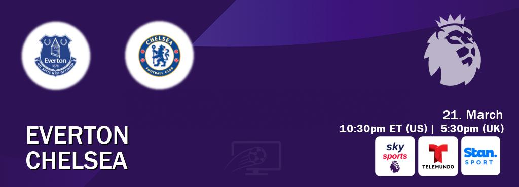You can watch game live between Everton and Chelsea on Sky Sports Premier League(UK), Telemundo(US), Stan Sport(AU). You can watch game live between Everton and Chelsea on Sky Sports Premier League(UK), Telemundo(US), Stan Sport(AU).