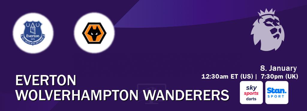 You can watch game live between Everton and Wolverhampton Wanderers on Sky Sports Darts(UK) and Stan Sport(AU). You can watch game live between Everton and Wolverhampton Wanderers on Sky Sports Darts(UK) and Stan Sport(AU).