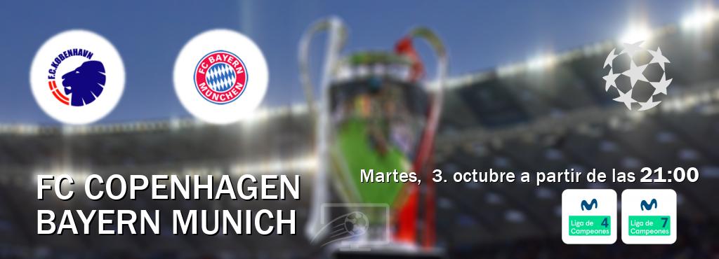 El partido entre FC Copenhagen y Bayern Munich será retransmitido por Movistar Liga de Campeones 4 y Movistar Liga de Campeones 7 (martes,  3. octubre a partir de las  21:00).