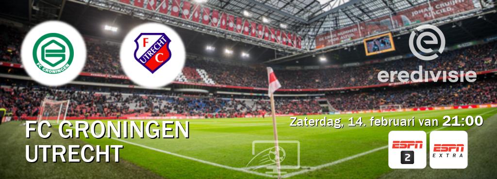 Wedstrijd tussen FC Groningen en Utrecht live op tv bij ESPN 2, ESPN Extra (zaterdag, 14. februari van 21:00). Wedstrijd tussen FC Groningen en Utrecht live op tv bij ESPN 2, ESPN Extra (zaterdag, 14. februari van 21:00).