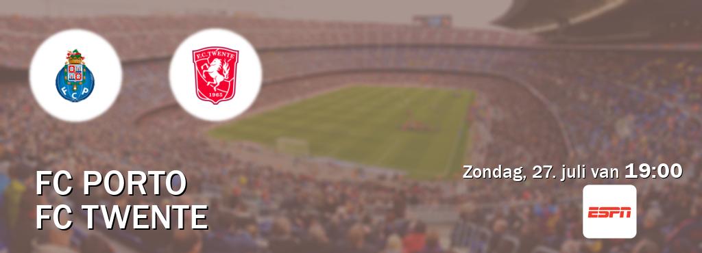 Wedstrijd tussen FC Porto en FC Twente live op tv bij ESPN 1 (zondag, 27. juli van 19:00). Wedstrijd tussen FC Porto en FC Twente live op tv bij ESPN 1 (zondag, 27. juli van 19:00).