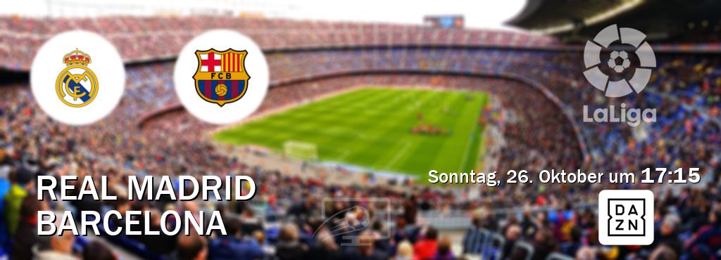 Das Spiel zwischen Real Madrid und Barcelona wird am Sonntag, 26. Oktober um 17:15, live vom DAZN übertragen. Das Spiel zwischen Real Madrid und Barcelona wird am Sonntag, 26. Oktober um 17:15, live vom DAZN übertragen.