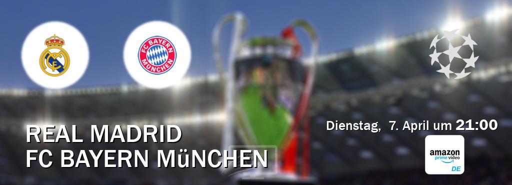 Das Spiel zwischen Real Madrid und FC Bayern München wird am Dienstag,  7. April um  21:00, live vom Amazon Prime DE übertragen.