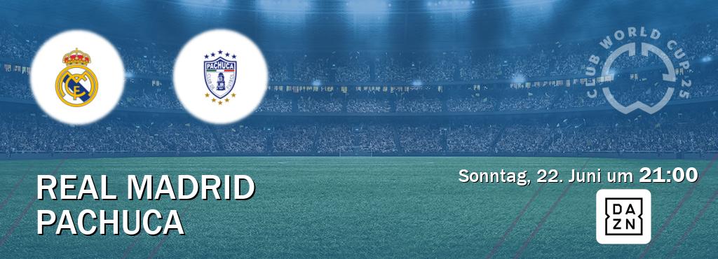 Das Spiel zwischen Real Madrid und Pachuca wird am Sonntag, 22. Juni um 21:00, live vom DAZN übertragen. Das Spiel zwischen Real Madrid und Pachuca wird am Sonntag, 22. Juni um 21:00, live vom DAZN übertragen.