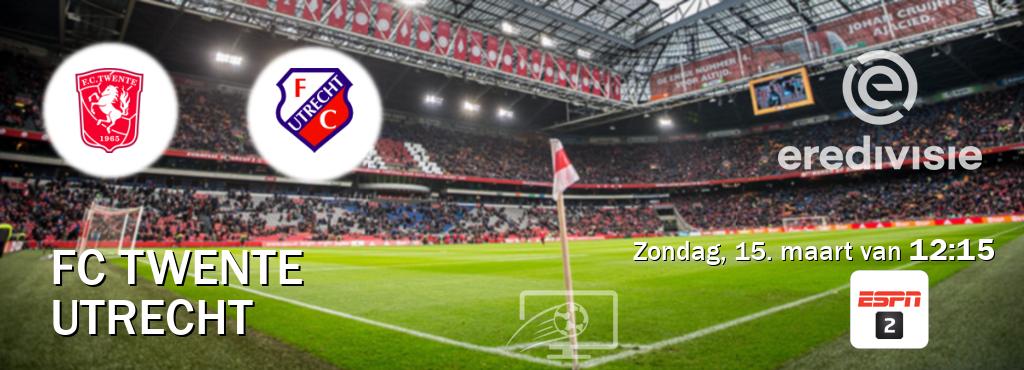 Wedstrijd tussen FC Twente en Utrecht live op tv bij ESPN 2 (zondag, 15. maart van 12:15). Wedstrijd tussen FC Twente en Utrecht live op tv bij ESPN 2 (zondag, 15. maart van 12:15).
