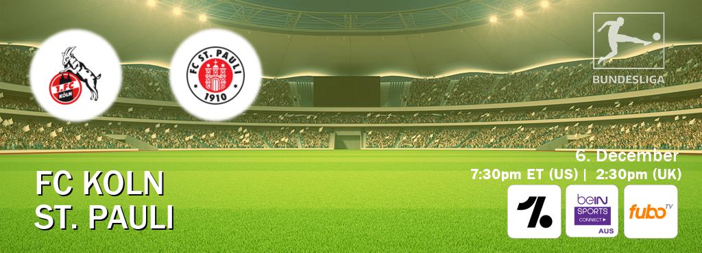 You can watch game live between FC Koln and St. Pauli on OneFootball, beIN Sports Connect(AU), fuboTV(US).