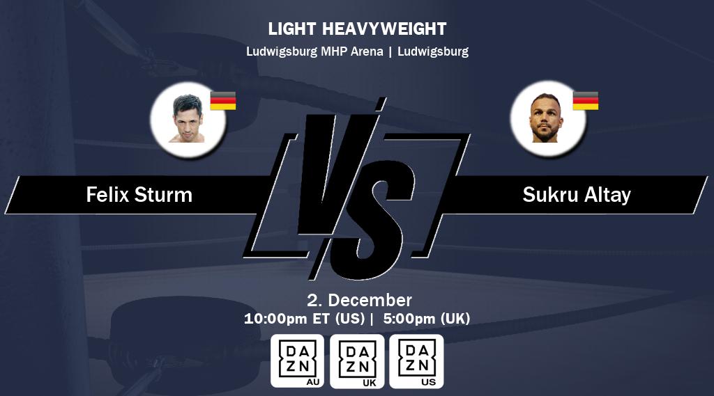 Figth between Felix Sturm and Sukru Altay will be shown live on DAZN(AU), DAZN UK(UK), DAZN(US).