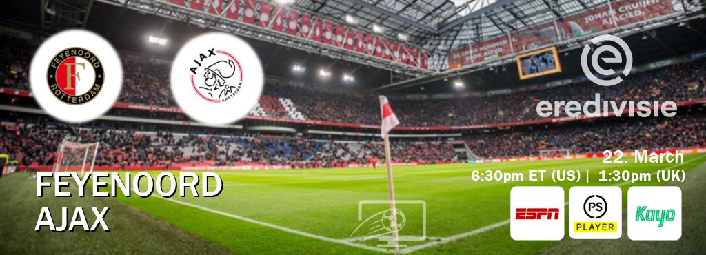 You can watch game live between Feyenoord and Ajax on ESPN(AU), Premier Player(UK), Kayo Sports(AU). You can watch game live between Feyenoord and Ajax on ESPN(AU), Premier Player(UK), Kayo Sports(AU).