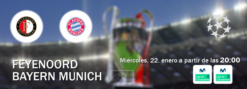 El partido entre Feyenoord y Bayern Munich será retransmitido por Movistar Liga de Campeones 4 y Movistar Liga de Campeones 5 (miércoles, 22. enero a partir de las  20:00).