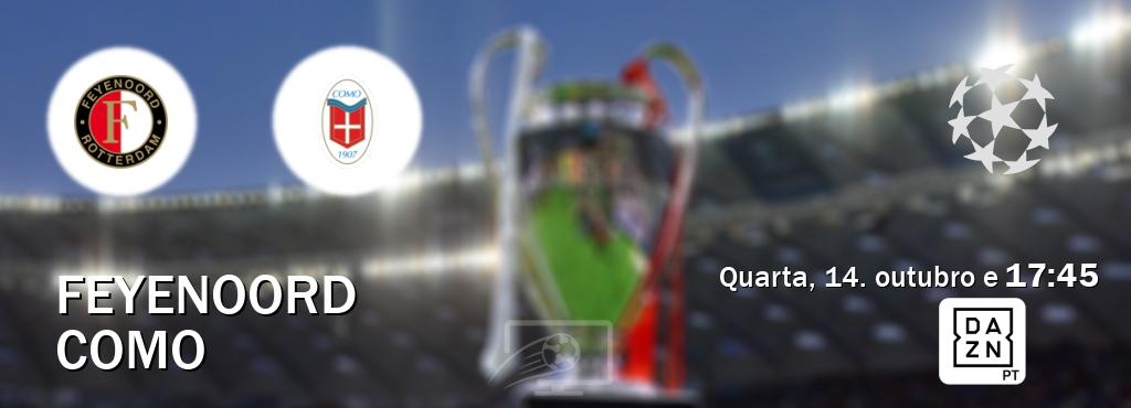 Jogo entre Feyenoord e Como tem emissão DAZN (quarta, 14. outubro e  17:45).