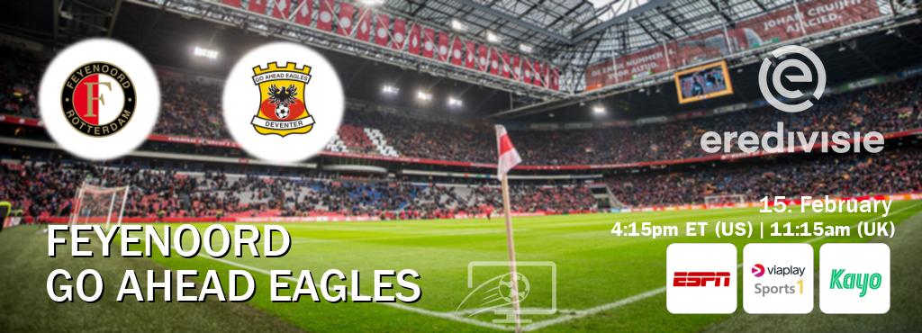 You can watch game live between Feyenoord and Go Ahead Eagles on ESPN(AU), Viaplay Sports 1(UK), Kayo Sports(AU). You can watch game live between Feyenoord and Go Ahead Eagles on ESPN(AU), Viaplay Sports 1(UK), Kayo Sports(AU).