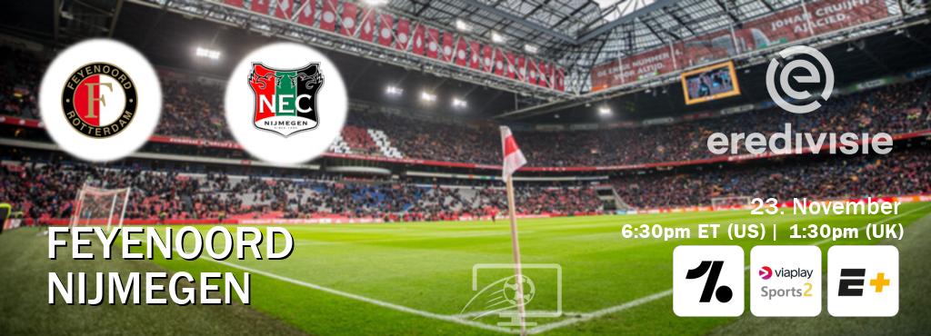 You can watch game live between Feyenoord and Nijmegen on OneFootball, Viaplay Sports 2(UK), ESPN+(US). You can watch game live between Feyenoord and Nijmegen on OneFootball, Viaplay Sports 2(UK), ESPN+(US).